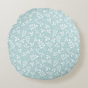 Assorted Leaves Rpt Ptn White on Duck Egg Blue Round Cushion