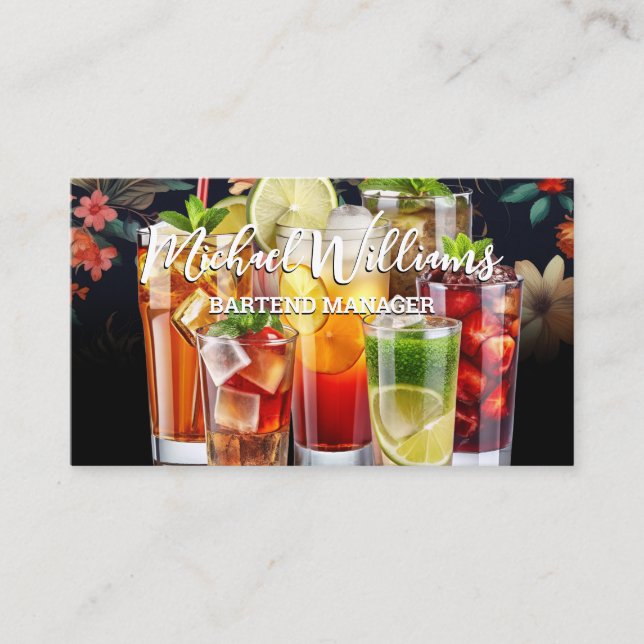 Assorted Mix Drinks | Floral Background Business Card (Front)