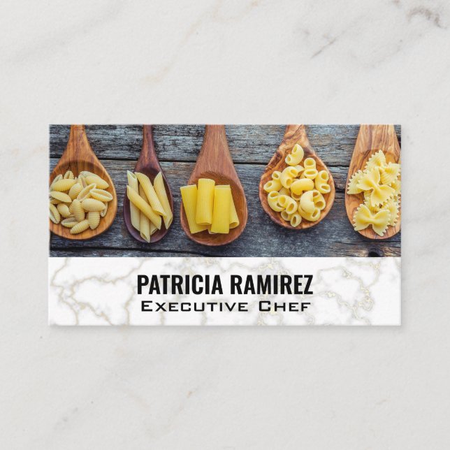 Assorted Pastas on Wooden Spoons | Marble Business Card (Front)