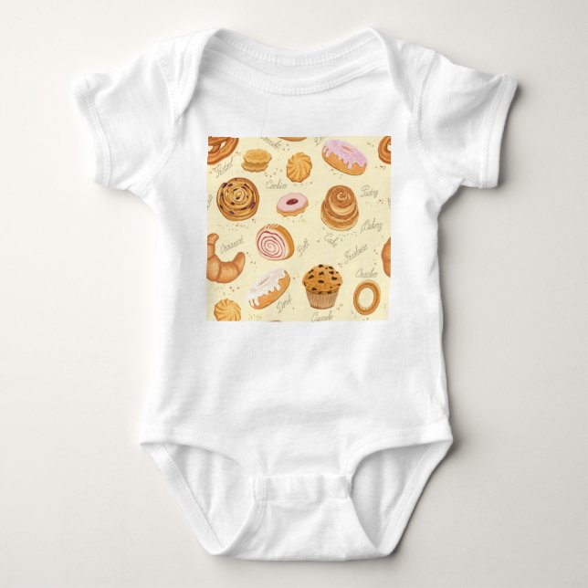Assorted Pastries: Tasty Seamless Pattern. Baby Bodysuit (Front)