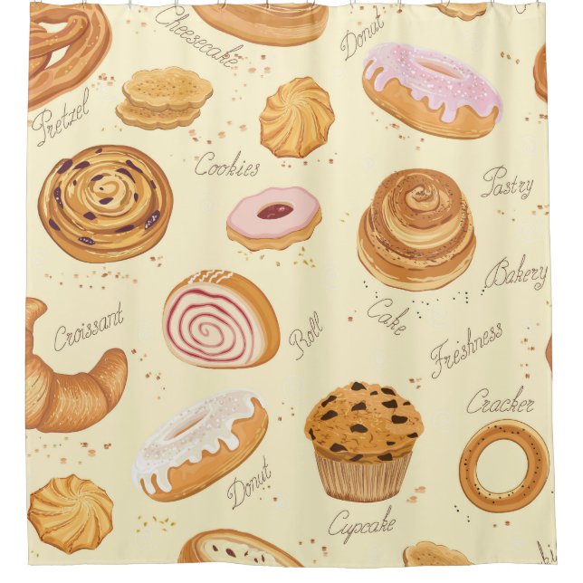 Assorted Pastries: Tasty Seamless Pattern. Shower Curtain (Front)