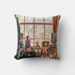 ASSORTED PLUSH TOYS ON BROWN WOODEN SHELF CUSHION