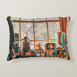 ASSORTED PLUSH TOYS ON BROWN WOODEN SHELF DECORATIVE CUSHION