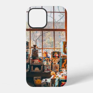 ASSORTED PLUSH TOYS ON BROWN WOODEN SHELF iPhone 12 CASE