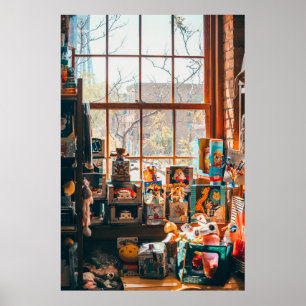ASSORTED PLUSH TOYS ON BROWN WOODEN SHELF POSTER