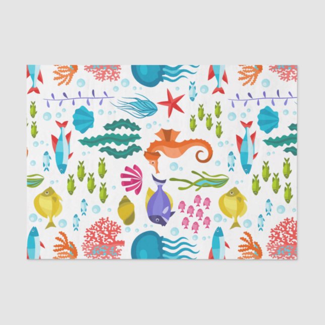 Assorted sea life & animals colourful illustration tissue paper (Front)