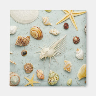 Assorted seashells on blue background magnet