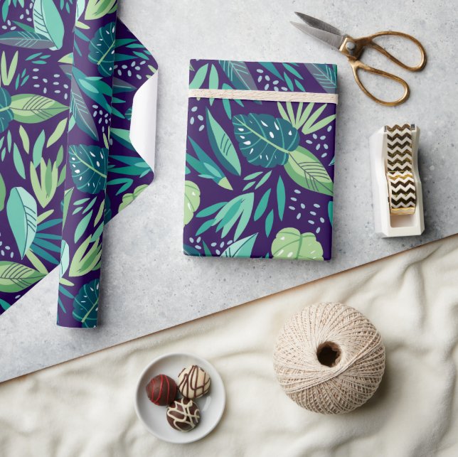 Assorted Tropical Green Leafs Pattern On Purple Wrapping Paper (Crafts)