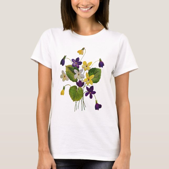 Assorted Wild Violets Done in Crewel Embroidery T-Shirt (Front)