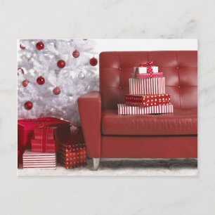 Assorted wrapped presents and Christmas tree Holiday Postcard