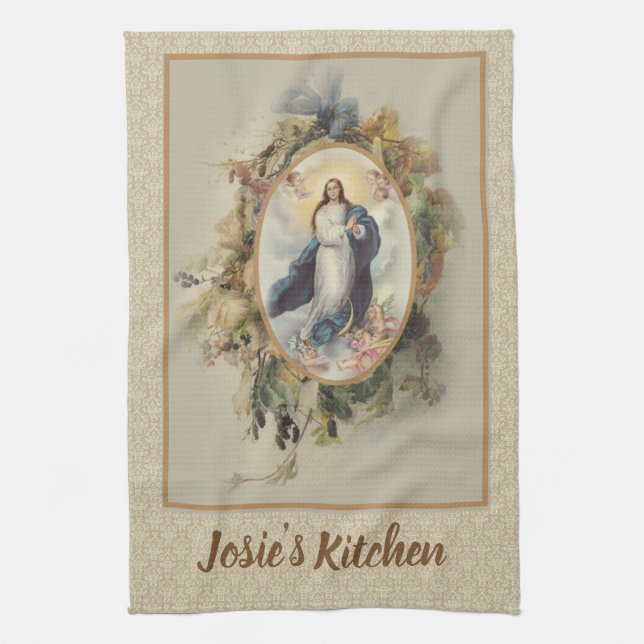 Assumption Blessed Virgin Mary Floral Tea Towel (Vertical)