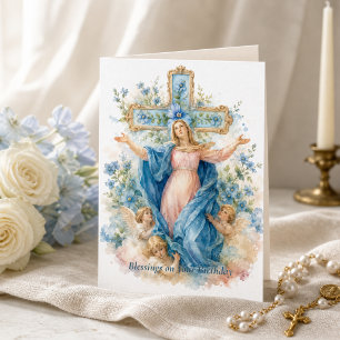 Assumption of Mary Blue Floral Catholic Card