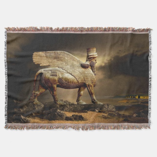 Assyrian Classic Lamassu Cotton Throw Blanket (Front)