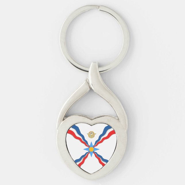 Assyrian Flag Twisted Heart Metal Keychain (Front)
