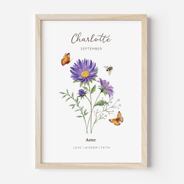 Aster Birth Month Flower Poster (Example of aster birth flower poster once framed. )