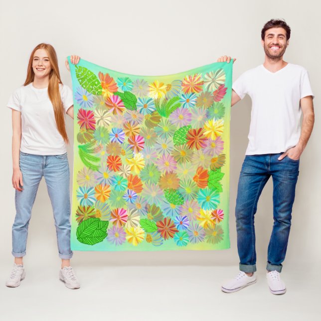 ASTER & CONE FLOWERS & TROPICAL LEAVES WATERCOLOR  FLEECE BLANKET (In Situ)
