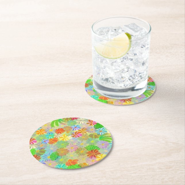 Aster & Cone flowers & tropical leaves watercolor  Round Paper Coaster (Insitu)