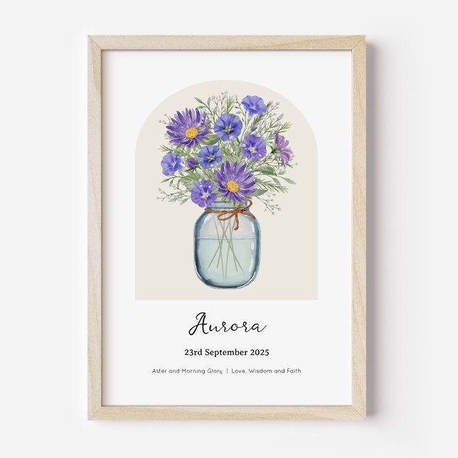 Aster Morning Glory Birth Month Flower Poster (Personalised September Birth Month Flower Bouquet in Vase Poster | Aster and Morning Glory.)