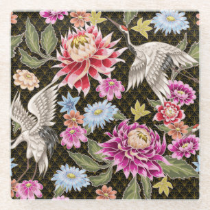 Asters Cranes: Painted Seamless Japanese Style Glass Coaster