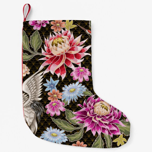 Asters Cranes: Painted Seamless Japanese Style Small Christmas Stocking (Front)