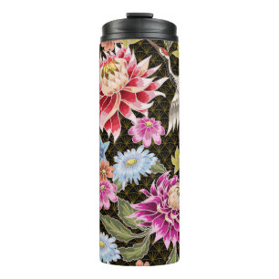 Asters Cranes: Painted Seamless Japanese Style Thermal Tumbler