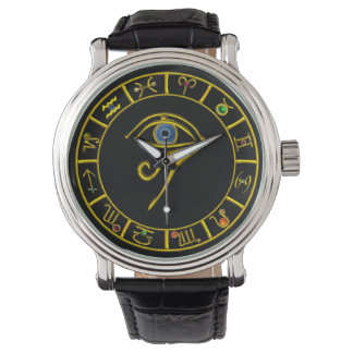 ASTRAL HORUS EYE/BLUE TALISMAN GOLD ZODIACAL SIGNS WATCH
