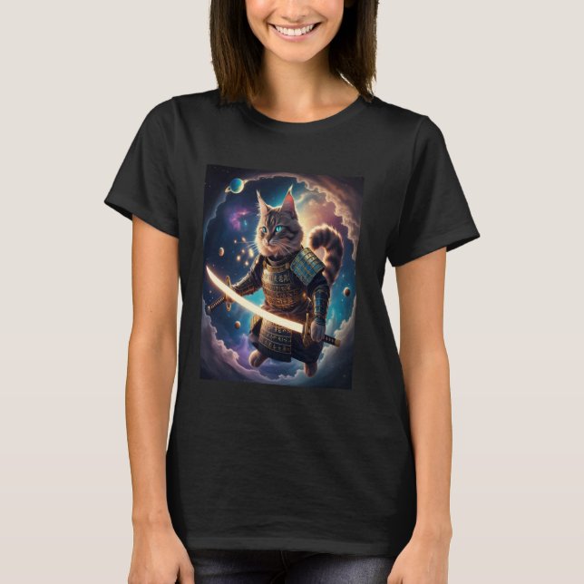 Astral Samurai Cat Guardian of the Celestial Waves T-Shirt (Front)