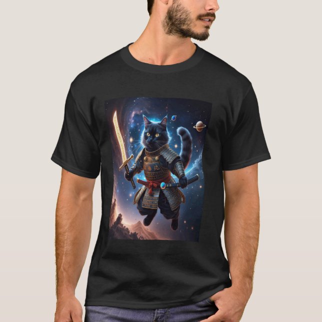Astral Samurai Cat Guardian of the Celestial Waves T-Shirt (Front)