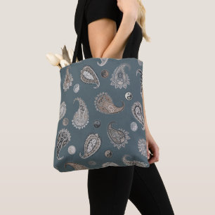  Astro Paisley & Yin Yang Dots Blue Beige Grey  Tote Bag