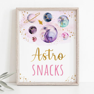 Astro Snacks Pink Gold Space Birthday Poster