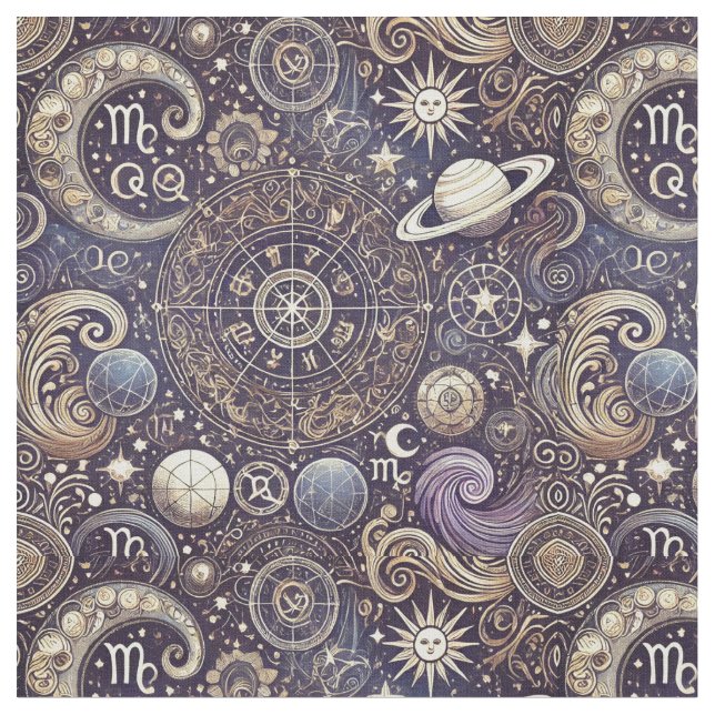 Astrology Pattern-Detailed Zodiac and Celestial Fabric (Close Up)