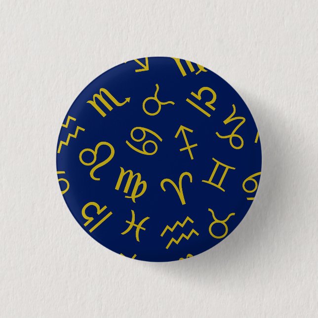 Astrology Sign Symbols Pattern Gold+Dk Blue 3 Cm Round Badge (Front)