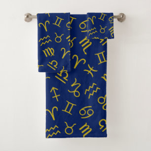 Astrology Sign Symbols Pattern Gold+Dk Blue Bath Towel Set