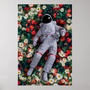 Astronaunt in Red and White Flowers Poster