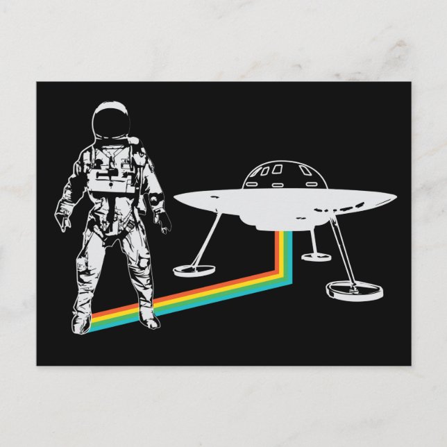 Astronaut Alien Spacecraft Rainbow Postcard (Front)