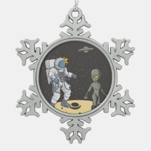 Astronaut and alien snowflake pewter christmas ornament