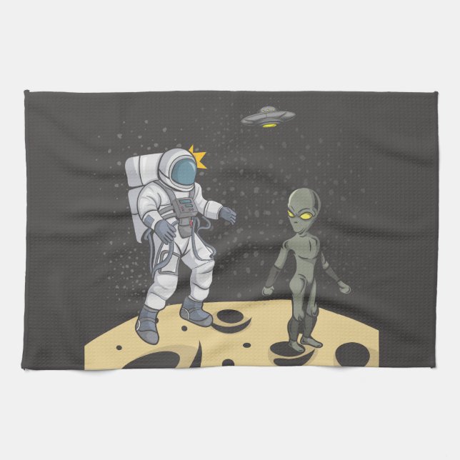 Astronaut and alien     tea towel (Horizontal)