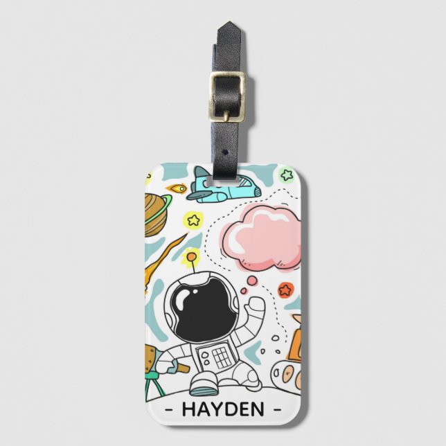 Astronaut and Space Doodles Personalised Luggage Tag (Front Vertical)