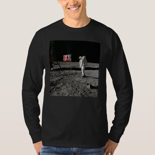 Astronaut and US Flag on Lunar Surface Apollo Moon T-Shirt (Front)
