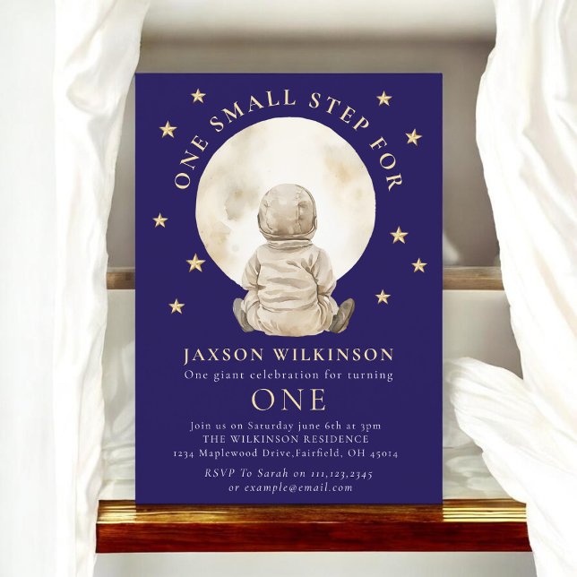 Astronaut Baby Moon First Birthday Navy Stars Invitation (Creator Uploaded)