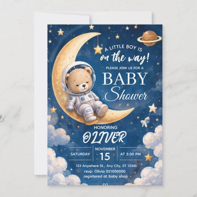 Astronaut Baby Shower Invitation Boy Space Bear (Front)
