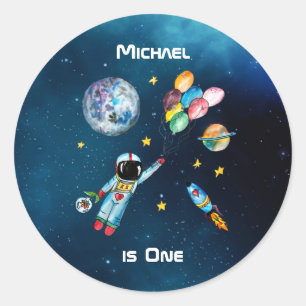 Astronaut Balloons galaxy Rocket Space Name 1st Classic Round Sticker