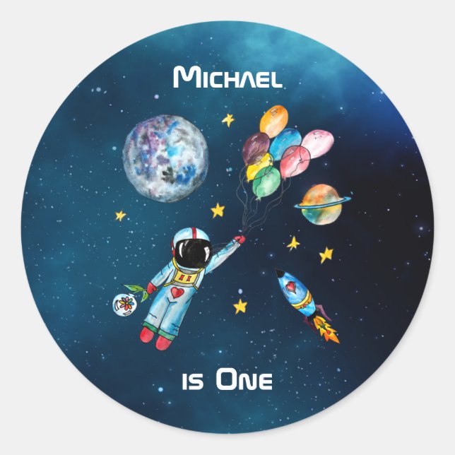 Astronaut Balloons galaxy Rocket Space Name 1st Classic Round Sticker (Front)