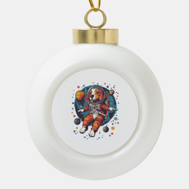 Astronaut Beagle � Space Explorer Dog Ceramic Ball Christmas Ornament (Front)