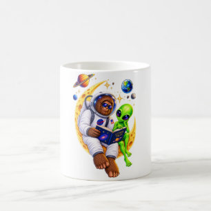Astronaut Bigfoot Reading Book to Alien on Moon , Coffee Mug
