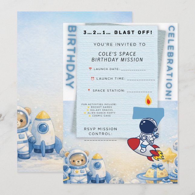 Astronaut Birthday Invitation – Blast Off to Fun!  (Front/Back)