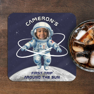 Astronaut Birthday Party 1st Trip Around the Sun Square Paper Coaster