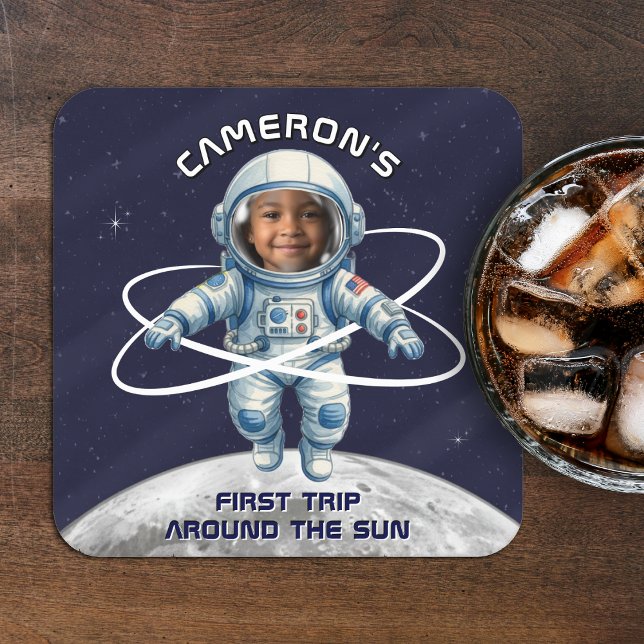 Astronaut Birthday Party 1st Trip Around the Sun Square Paper Coaster (Creator Uploaded)