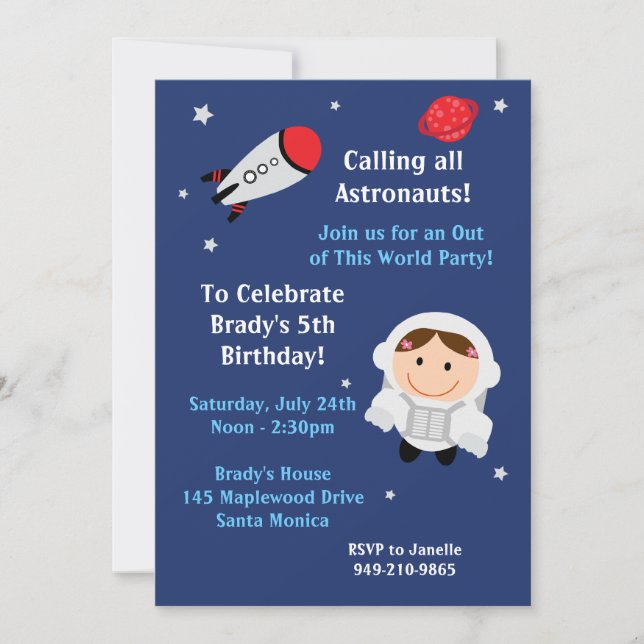 Astronaut Birthday Party Invitation Girl (Front)