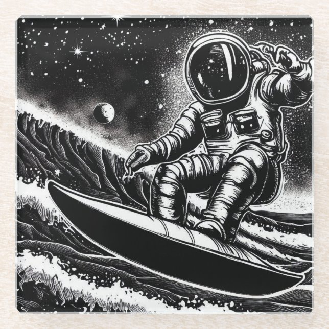ASTRONAUT BLACK AND WHITE, SURF THE UNIVERSE GLASS COASTER (Front)